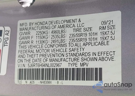 2022 Honda Cr-V Hybrid Touring from USA, damaged, VIN 5J6RT6H94NL002967